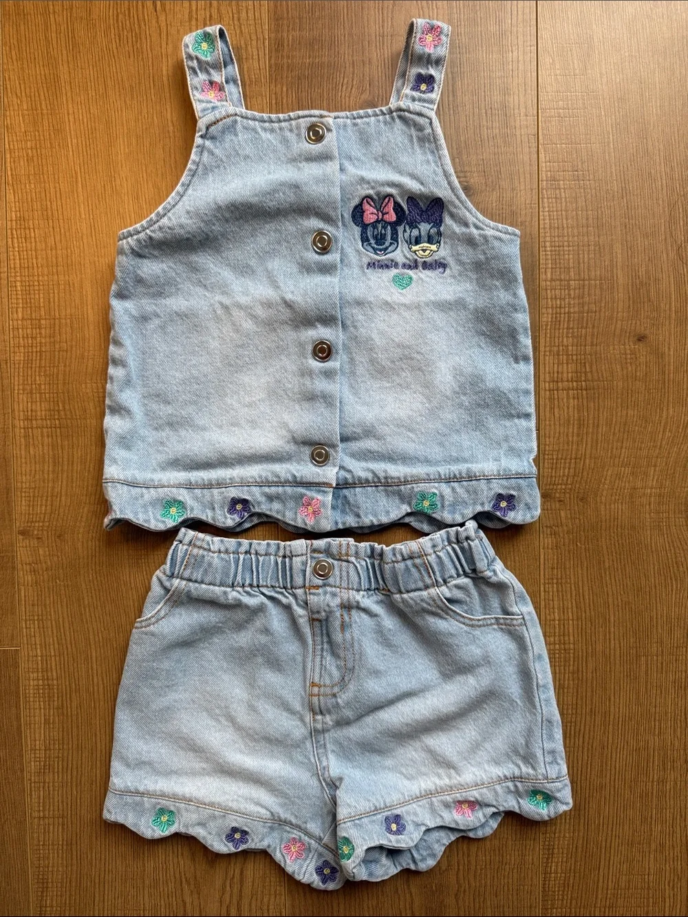 Disney Light Blue Denim Minnie & Daisy Embroidered Shorts Set
